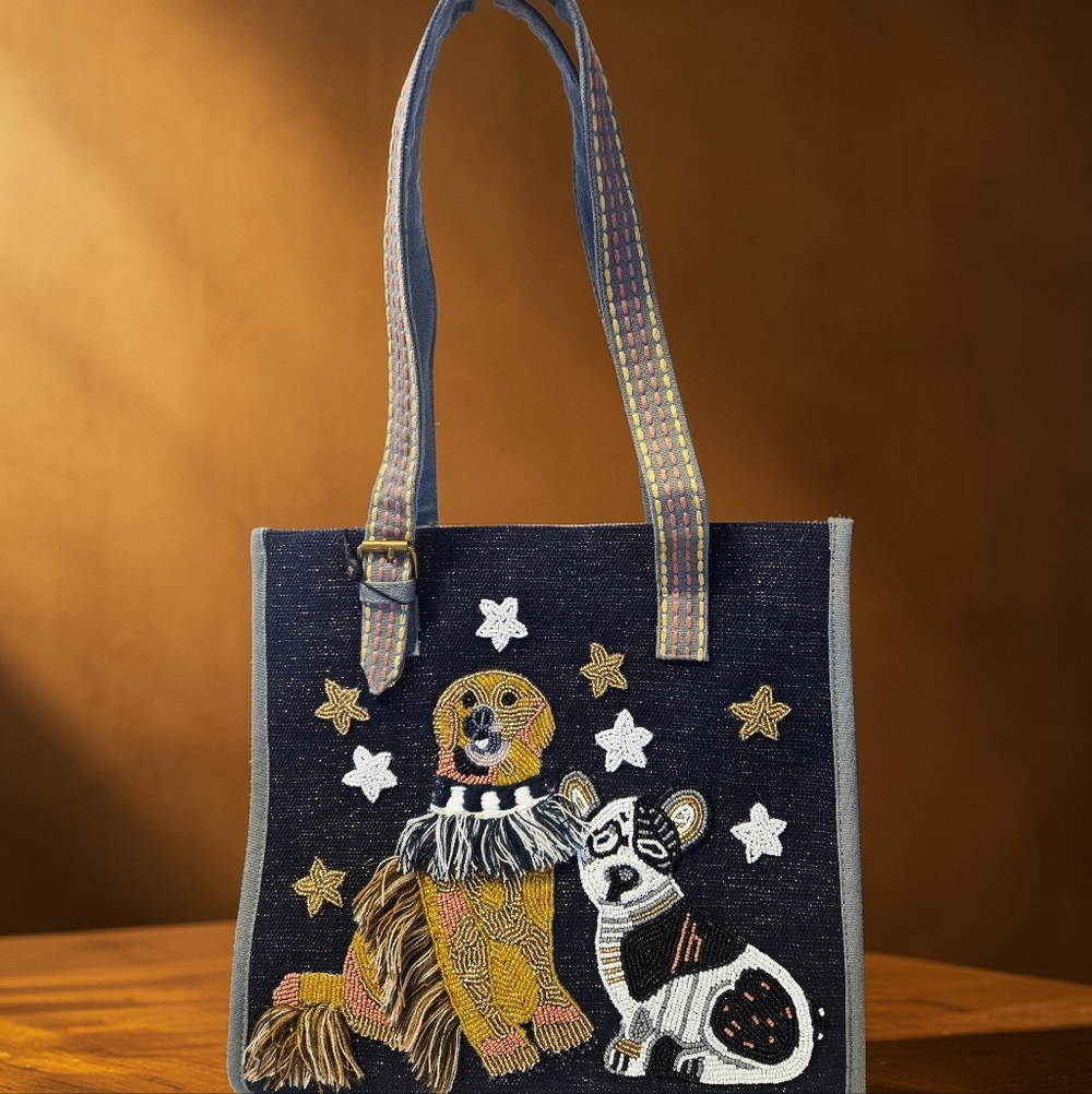 NEW America & Beyond Beaded Embellished Dog The Loyal Guardian Tote Bag NWT